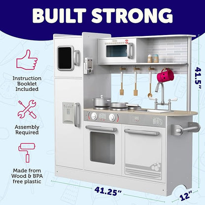 Play Kitchen - Wooden Kitchen Playset for Toddlers and Big Kids - Large Pretend Toy playset for Boys and Girls with Cooking Stove, Oven, Pots, Pans, Phone, Microwave, Fridge, Sink, Utensils - Ages 3-8
