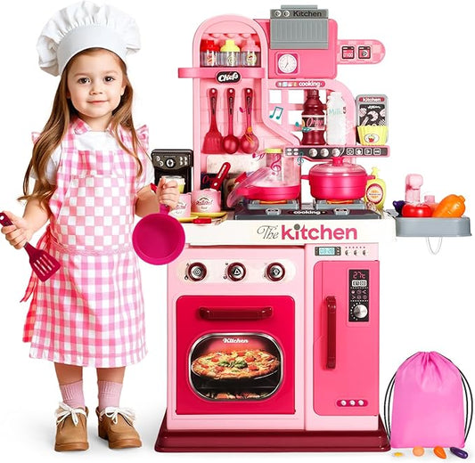 DRAMATION Kids Kitchen Playset, 27.1 Inches Play Kitchen with Sound and Light, Kitchen Set for Toddlers 1-3 3-5, Cooking Stove, Play Sink and Kitchen Accessories, Toy Kitchen (Pink)