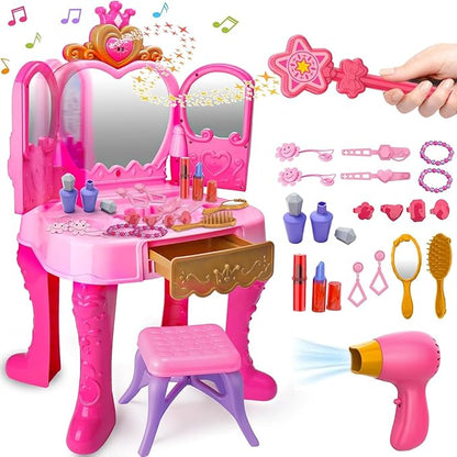 AugToy Toddler Vanity Magic Makeup Set Table and Chair Girl Toy Automatically Mirror with Music Light Pink Toys Girls Hair Salon Pretend Play Princess Dress Up Playset Gift Toddler