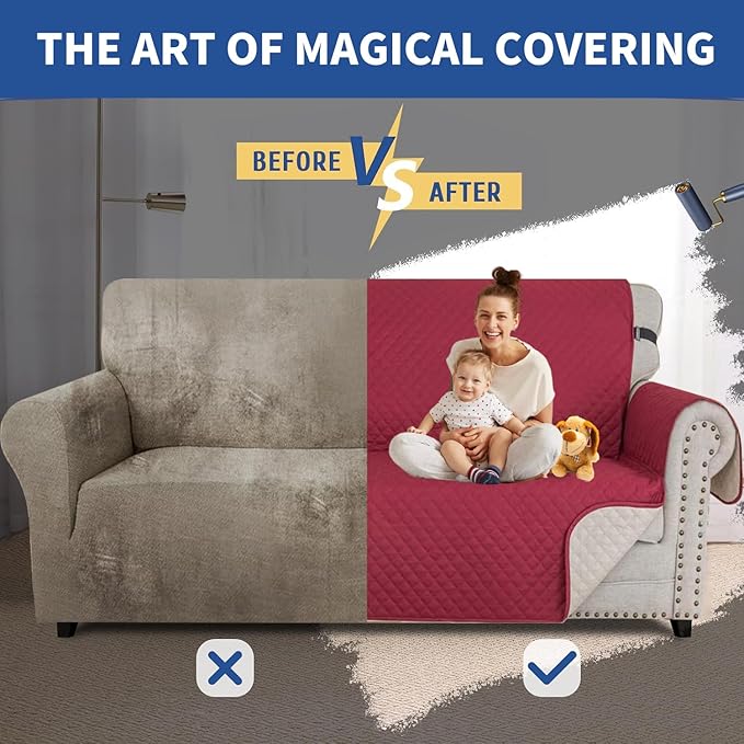 XINEAGE Oversized Sofa Cover Waterproof Couch Covers for 3 Cushion Couch, Soft Washable Slipcover with Pockets & Non-Slip Elastic Straps, Dog Pets Proof Thick Furniture Protector (XL-Sofa, Red)