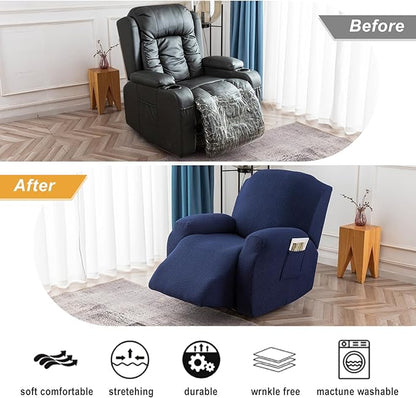 Genina Recliner Chair Covers, Stretch Reclining Chair Covers, Recliner Sofa Slipcovers Stripe Jacquard Lazy Couch Covers Furniture Protector Covers for Pet Kid (Navy Blue, 1 Seat)