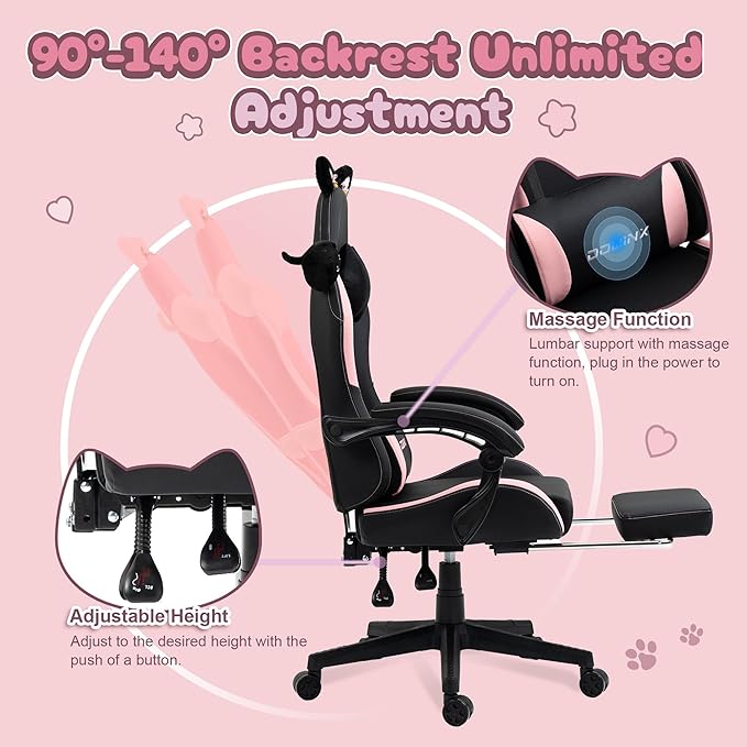Dowinx Gaming Chair Cute with Cat Ears and Massage Lumbar Support, Ergonomic Computer Chair for Girl with Footrest and Headrest, Comfortable Reclining Game Chair 290lbs for Adult, Teen, Black