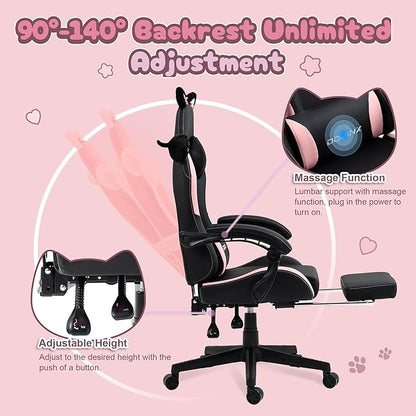 Dowinx Gaming Chair Cute with Cat Ears and Massage Lumbar Support, Ergonomic Computer Chair for Girl with Footrest and Headrest, Comfortable Reclining Game Chair 290lbs for Adult, Teen, Black