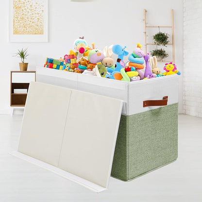 Gowee Large Toy Storage Box with Lid, Sturdy Toys Storage Chest Bin Organizer Basket with Dividers for Kids, Boys, Girls, Nursery, Closet, Bedroom, Playroom 25"x13" x16" (Green and White)