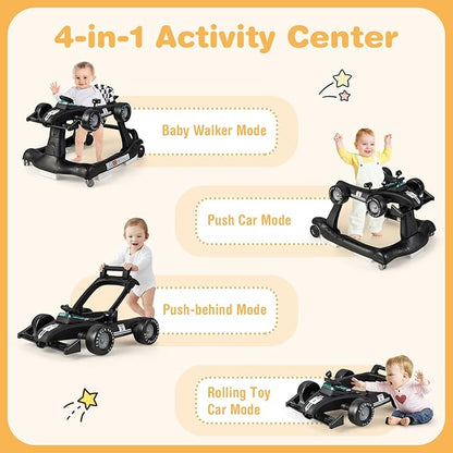 GLACER Foldable Baby Walker, 4-in-1 Infant Walker with Adjustable Height & Speed, Music, Light, Steering Wheel & Washable Cushion, Baby Walker Activity Center for Boys Girls 6 –18 Months (Black)