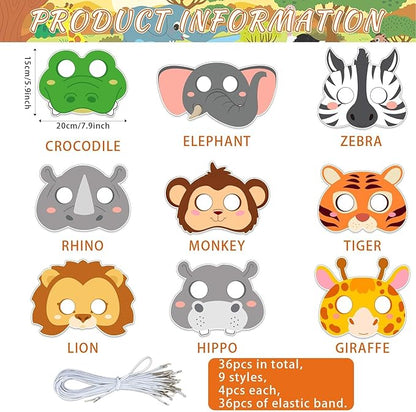 36Sets Animal Coloring Mask Jungle Animal Crafts for Kids Color Your Own Paper Mask Easy DIY Wild Lion Masquerade Birthday Party Dress-Up Decoration Favor School Classroom Activity Game Supplies