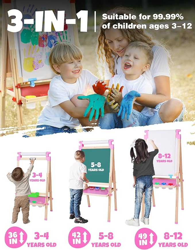 JOYOOSS Easel for Kids Art Easel Kids Easels for Toddlers,Wooden Kid Easel with Paper Roll - Chalkboard for Kids Adjustable Double Sided Kids Dry Erase Board, Outdoor Easel for Kids Art Easel Toddler