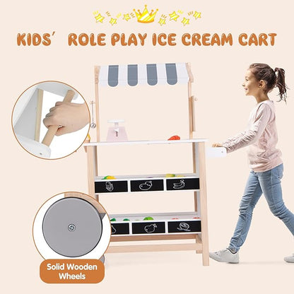 Fireflowery Kids Grocery Store Pretend Play, Wooden Ice Cream Cart w/ 6 Pieces Play Food, Bell, Scale, Toy Grocery Store Playset, Play Store for Kids, Toddlers, Boys, Girls Age 3+ (White Canopy)
