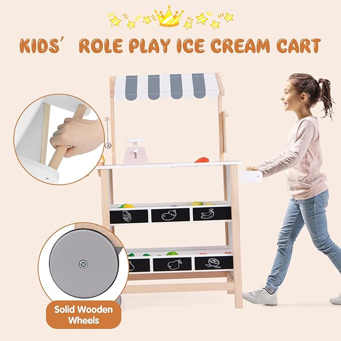 Fireflowery Kids Grocery Store Pretend Play, Wooden Ice Cream Cart w/ 6 Pieces Play Food, Bell, Scale, Toy Grocery Store Playset, Play Store for Kids, Toddlers, Boys, Girls Age 3+ (White Canopy)
