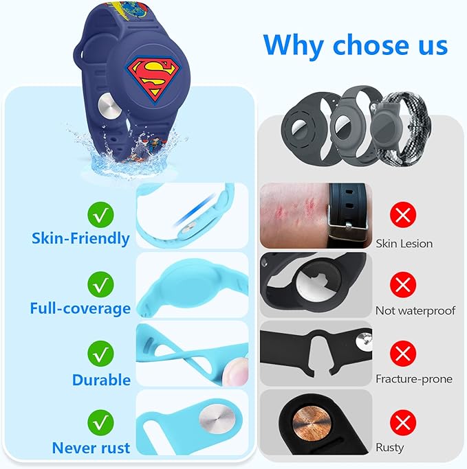 for Airtag Bracelet for Kids, Cute Cartoon Waterproof Air Tag Holder for Toddlers Wristband with Hidden Design, Soft Silicone Airtag Case for Child, Deep Blue