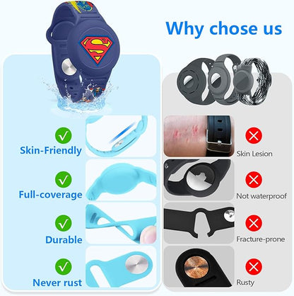 for Airtag Bracelet for Kids, Cute Cartoon Waterproof Air Tag Holder for Toddlers Wristband with Hidden Design, Soft Silicone Airtag Case for Child, Deep Blue