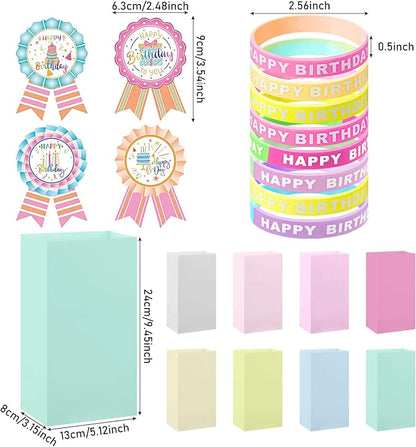 Leinuosen 248 Pcs School Supplies for Kids Classroom Include 200 Happy Birthday Badge Stickers Roll 24 Birthday Bracelets and 24 Rainbow Paper Gift Bag for Teacher Student Birthday Decor (Fresh Color)