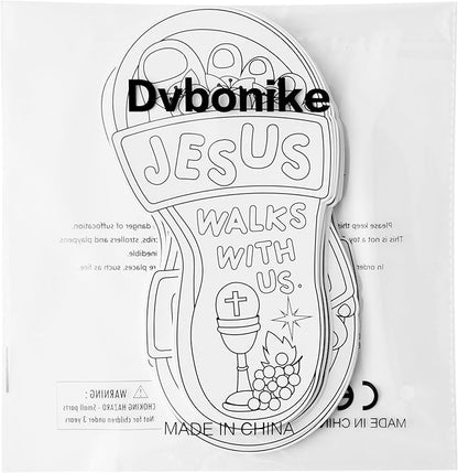 Dvbonike 24Pcs Sunday School Crafts for Kids Color Your Own Jesus Walks with Us Craft Kit Christian Religious Footprint Coloring Card DIY Drawing Party Gifts VBS Home Classroom Art Activity Supplies
