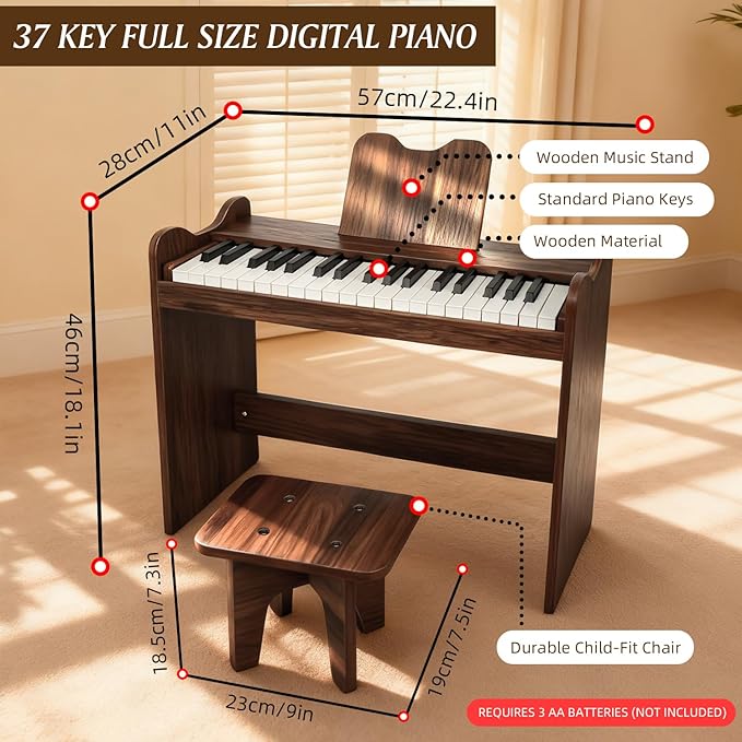 Kids Piano Keyboard, 37 Keys Digital Wood Piano with Stool Musc Stand Toddler Music Educational Instrument Toy, Xmas Birthday Gifts for 3+ Girls Boys