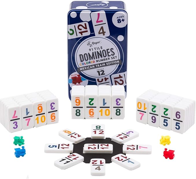 Regal Games Mexican Train Dominoes Set for Adults - Double 12 Dominoes with 91 Numbered Domino Tiles & 4 Trains - 2 or 4 Player Games & Ideal for Family Fun Game Night and Travel