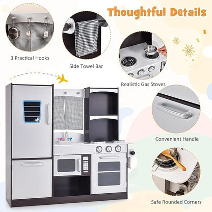 HOMGX Multi-Function Children's Kitchen Toy Set, Wooden Chef Pretend Toy Set w/Microwave, Stove, Sink, Faucet, Storage Cabinet & Shelf,Children's Play Kitchen for Boys & Girls Over 3 Years Old