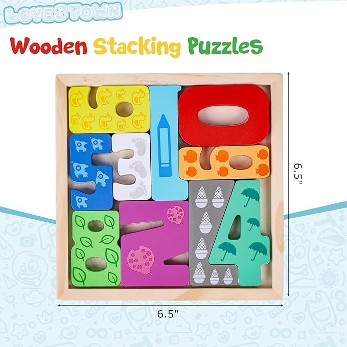 LovesTown 10PCS Stacking Puzzles, Wooden Number Chunky Jigsaw Puzzles Educational Toy for Kids