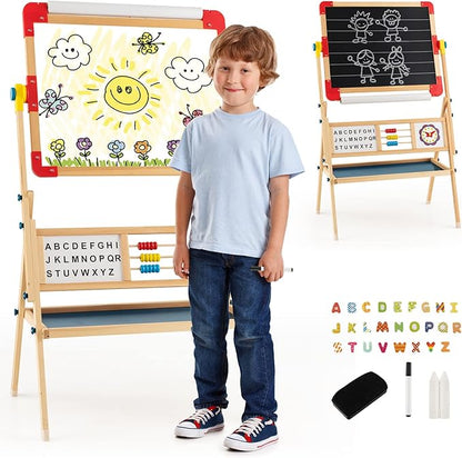 HONEY JOY Easel for Kids, Rotatable Double-Sided Wooden Toddler Easel w/Magnetic Chalkboard & White Board, Paper Roll, Painting Accessories, Dry Erase Board, Art Easel for Boys Girls