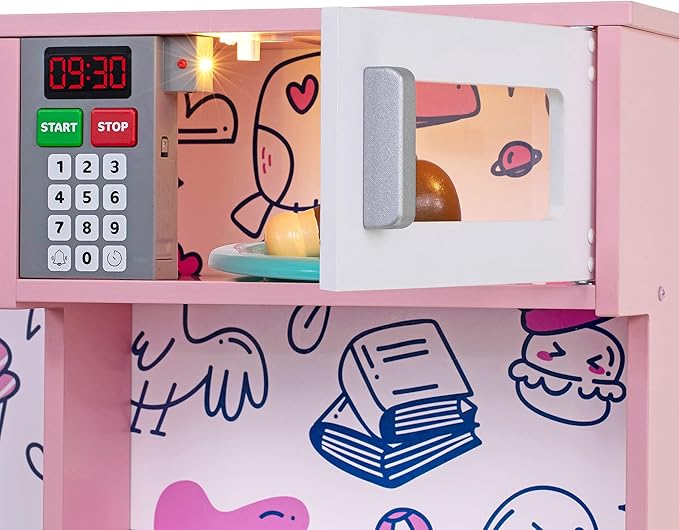 Lil' Jumbl Kids Kitchen Set, Pretend Wooden Play Kitchen, Battery Operated Icemaker & Microwave with Realistic Sound, Pots & Pan Included - Pink