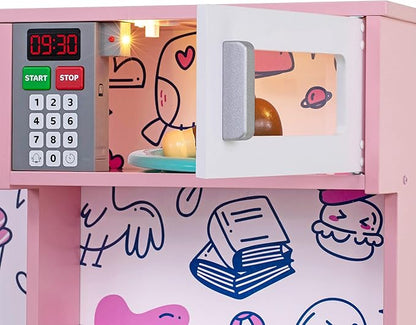 Lil' Jumbl Kids Kitchen Set, Pretend Wooden Play Kitchen, Battery Operated Icemaker & Microwave with Realistic Sound, Pots & Pan Included - Pink