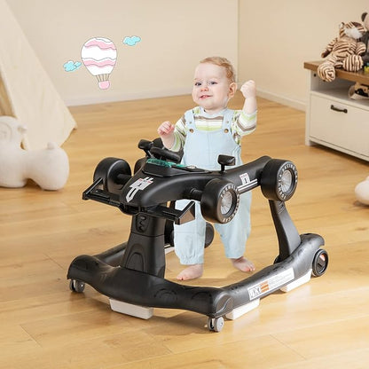 GLACER Foldable Baby Walker, 4-in-1 Infant Walker with Adjustable Height & Speed, Music, Light, Steering Wheel & Washable Cushion, Baby Walker Activity Center for Boys Girls 6 –18 Months (Black)