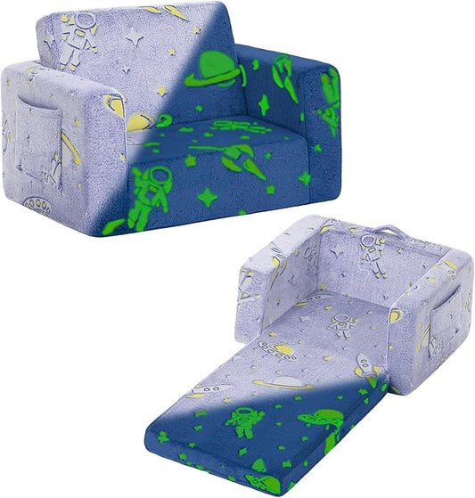 Tiita Kids Sofa, 2-in-1 Kids Sofa Chair, Convertible Children Couch to Lounger, Flip Out Kids Sofa Chair, Toddler Armrest Chair Bed, Folding Kids Play Sofa for Girl or Boy(Blue Astronauts)