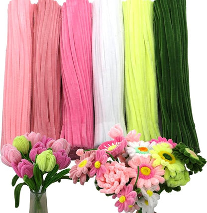 Swpohrat 600 Pcs Thick Craft Pipe Cleaners Bulk 6 Assorted Colors,12 Inch Chenille Stem Pipecleaner Kit for Craft Animals, Flowers Making,Creative DIY Decorations (Pink Flower Color)