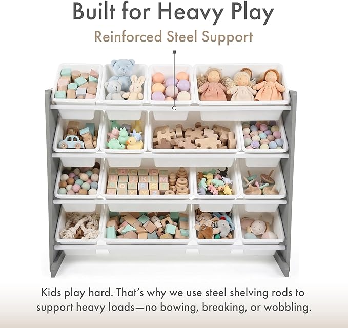 Humble Crew Toy Storage Organizer with 16 Removable Storage Bins for Kids Playroom, 4-Tier Toddler Toy Organization and Storage, Dark Grey/White