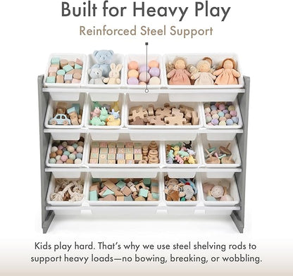 Humble Crew Toy Storage Organizer with 16 Removable Storage Bins for Kids Playroom, 4-Tier Toddler Toy Organization and Storage, Dark Grey/White