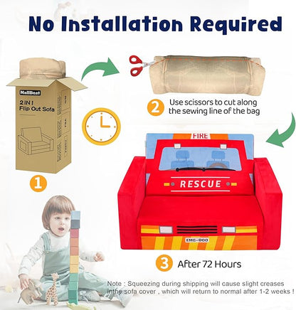 MallBest Kids Sofas Children's Sofa Bed Baby's Upholstered Couch Sleepover Chair Flipout Open Recliner(Red/Fire Truck)