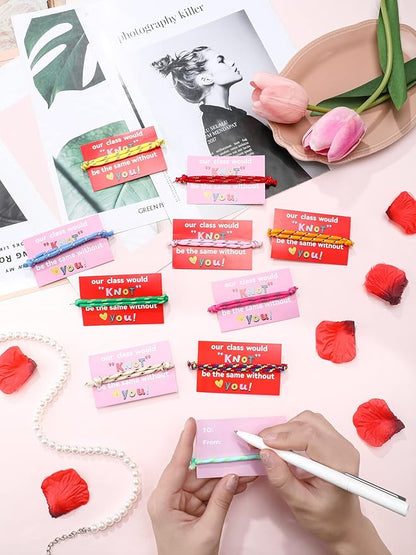 100 Pieces Valentine Knot Bracelets with Card Neon Rope Woven Friendship Bracelets for Kids Adjustable Rope Bracelets Bulk for Girls Boys Classroom Valentine Exchange Gifts Party Favors, 10 Colors