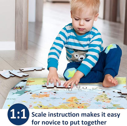 iPlay, iLearn Floor Puzzles for Kids Ages 3-5 4-8, Toddlers Wooden Jigsaw Puzzles, Round World Map Puzzle Toy W/Large Pieces, Geography Educational Birthday Gifts for 6-7 Year Old Boys Girls Children