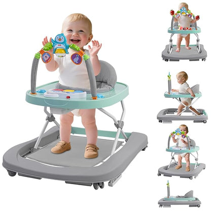 Baby Walker, Music & Removable Footrest with Toys, 3-Height Adjustable, Foldable 4-in-1 Activity Center for Infant and Toddler, Baby Walker for Baby Boy Girls 7–18 Months