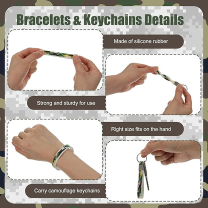 36 Pcs Tie Dye Camouflage Party Kit Camo Drawstring Bag Bulk Camouflage Military Rubber Keychain Silicone Camo Bracelet for Adult Kid Travel Paintball Camping Birthday Party Supplies (Classic Camo)