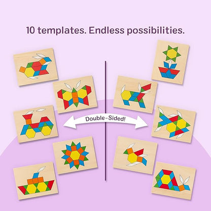Melissa & Doug Pattern Blocks and Boards with 120 Multi-Colored Wooden Shape Tiles, 5 Double-Sided Puzzle Boards, Tangram Puzzles, Montessori Toys for Girls & Boys