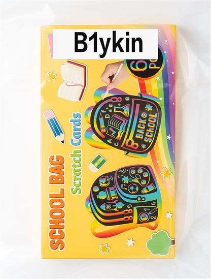 B1ykin School Bag Scratch Cards Gift - Back to School Magic Bag Scratch Paper Art Kit for Kids, DIY First Day of School Scratch Off Hanging Card Party Favors for Classroom Activity Art Project