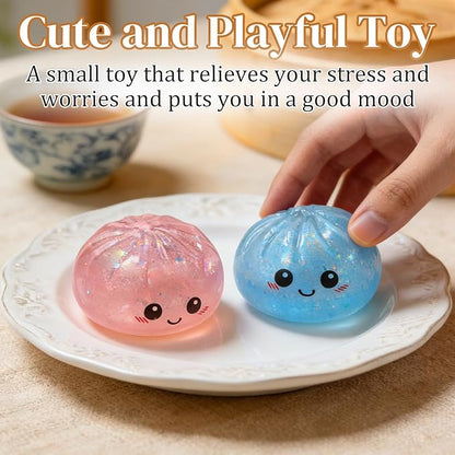 Dumpling Squishies Toy, Giant Glitter Dumpling, Colorful Steamed Bun Stress Balls Fidget Sensory Toy,Jumbo Squishy Toy with Steamer Box,Soft Squeeze Decompression Dough (Glitter Blue)