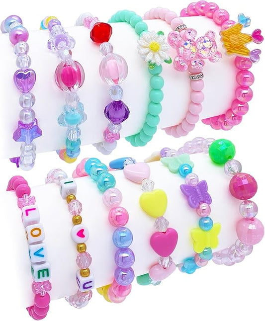 12 PCS Kids Bracelets for Girls Jewelry Little Girl Beaded Bracelets Flower Butterfly LOVE Letter Pink Princess Pretend Play Easter Christmas Birthday Gift