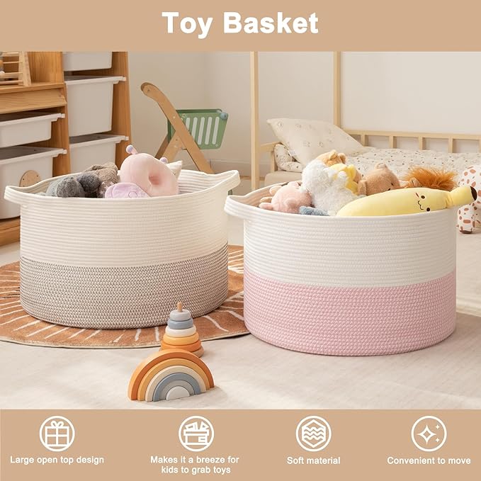 OIAHOMY 90L XXXLarge Blanket Basket for Living Room, 21.7" x 13.8" Woven Cotton Rope Laundry Basket for Organizing Pillows, Decorative Stuffed Animal Toy Storage Bin for Nursery, Black and White