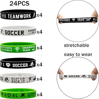 24 Packs Soccer Silicone Bracelets Party Supplies Soccer Motivational Rubber Wristbands for Sport Themed Football Themed Birthday Baby Shower Party Favors Award Gift