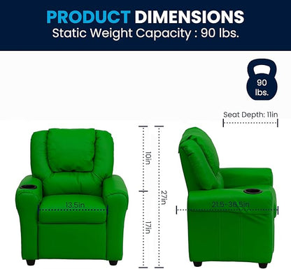 Flash Furniture Vana Vinyl Kids Recliner with Cup Holder, Headrest, and Safety Recline, Contemporary Reclining Chair for Kids, Supports up to 90 lbs., Green