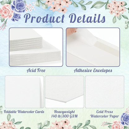 Prudiut 20 Sets Watercolor Cards with Envelopes, 140 lb/300 GSM Watercolor Paper Cards, 5x7 Inch Foldable Blank Cards and Envelopes for Wedding Invitations Greeting Thank You Mothers Day Gifts Card