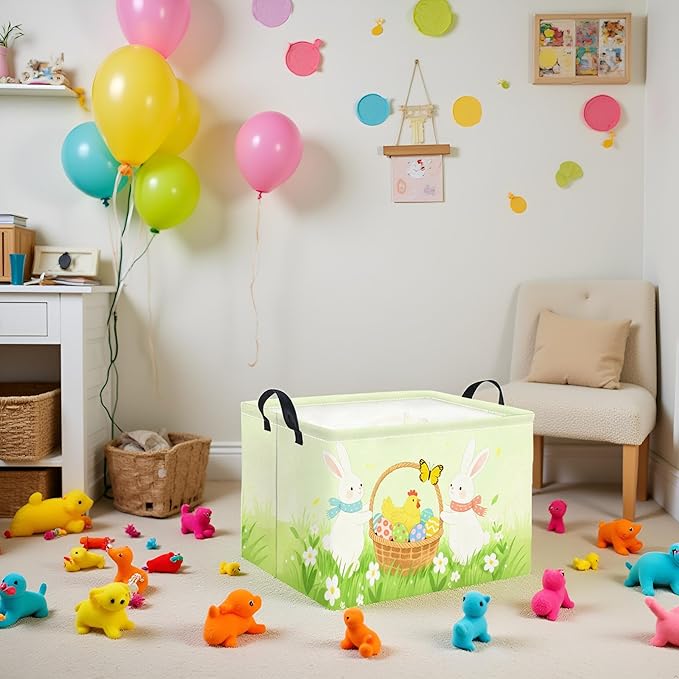 HIYAGON Rectangular Easter Basket for Kids Baby Easter Basket for Boys and Girls Cute Toy Storage Organizer Bin Box Room Decor(Easter Bunny)