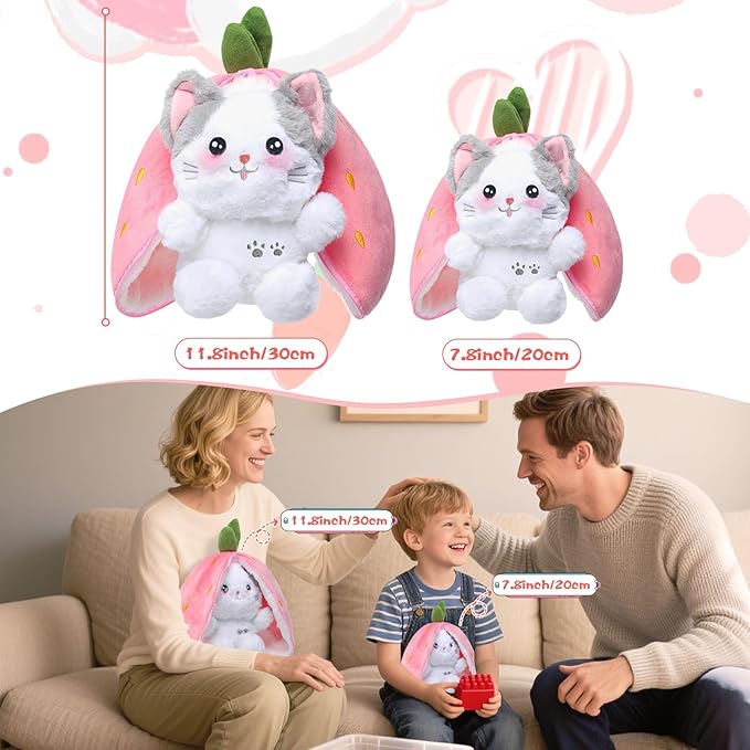 MIAODAM Easter Cat Toys, Stuffed Cat Plush, Kawaii Squishy Cute Strawberry Turn Into Cat Plush, Funny Plushies Toy for Baby & Adult (Strawberry Cat, 11.8inch)