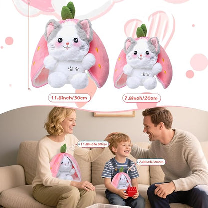 MIAODAM Easter Cat Toys, Stuffed Cat Plush, Kawaii Squishy Cute Strawberry Turn Into Cat Plush, Funny Plushies Toy for Baby & Adult (Strawberry Cat, 11.8inch)