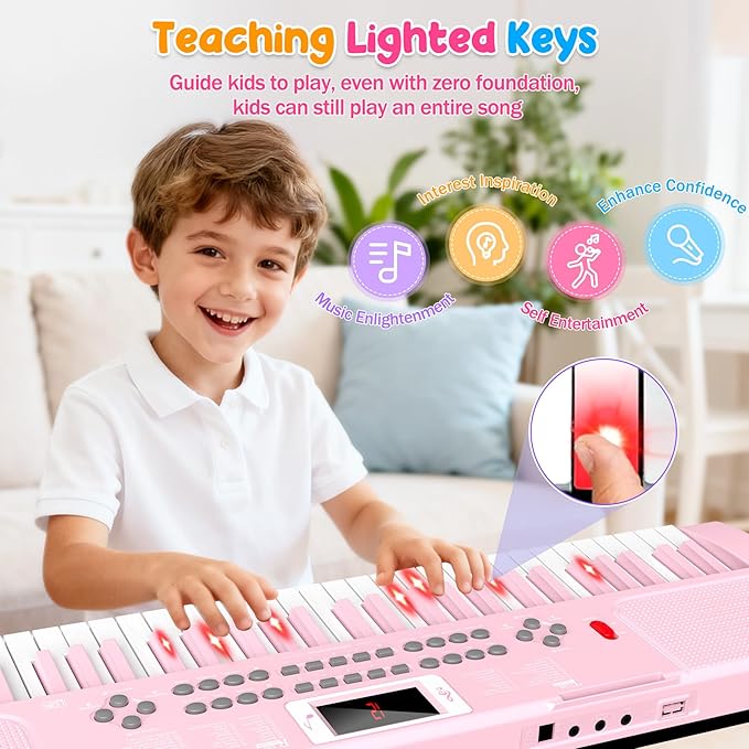 Piano Keyboard, 61 Key Upgrade Kids Pianos Music Toy with Light-up Keys & Pro Teaching Modes, Dual Speaker, 70 Demos,100 Tones, 100 Rhythms Perfect Christmas/Birthday Gift for Kids (Pink)