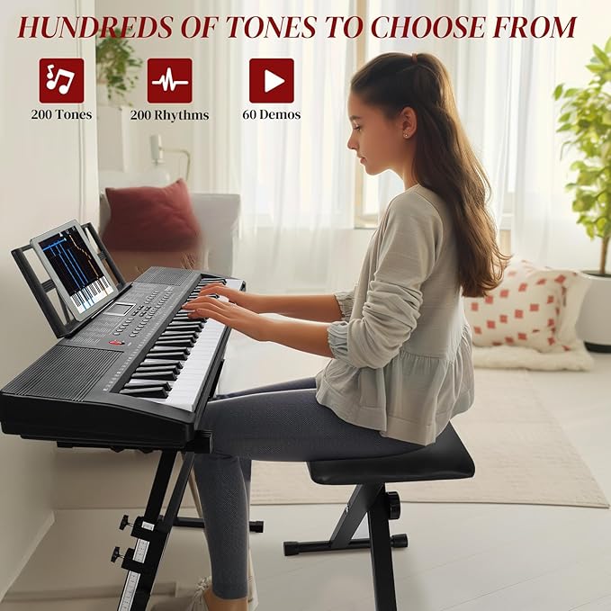 Ktaxon 61 Key Keyboard Piano Electric Keyboard, Electric Piano Set with Headphones, Microphone, Music Rest, Power Adapter, Piano Stand, Piano Bench and Manual (Full Size H Stand-Classic Black)