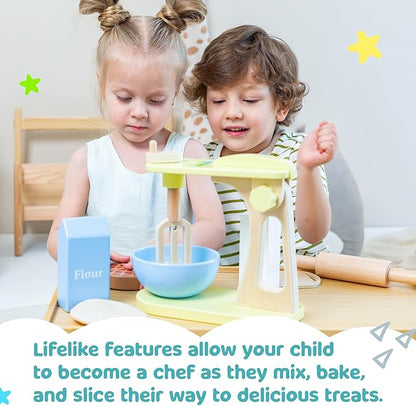 Bimi Boo 10-Piece Wooden Mixer Set for Toddlers - Make-a-Cake Pretend Play Cooking Set - Play Kitchen Accessories for Baking for Boys and Girls