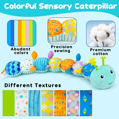 Baby Tummy Time Toys 0-6 Month Musical Stuffed Animal Plush Caterpillar Toy for Infant 6-12 Month Teething Sensory Toy with Crinkle Rattle for Babies 0-3-6 Month Newborn Boy Girl Easter Basket Stuffer