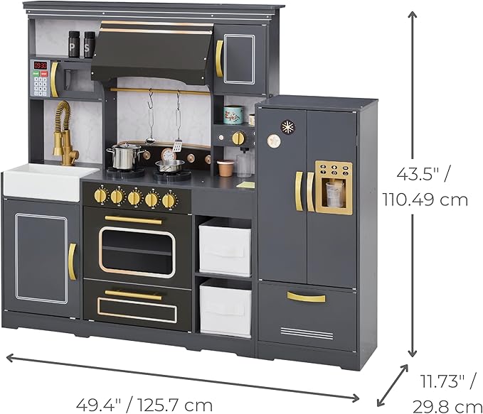 Teamson Kids Little Chef Colonie Play Kitchen Set with Ice Dispenser and Accessories, Gray